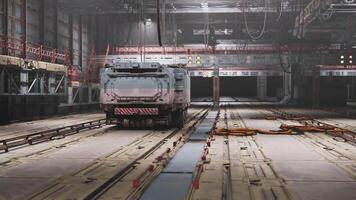 CGI Industrial setting with futuristic vehicle in a spacious workshop location video
