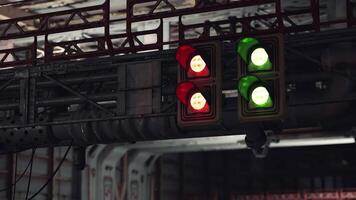 CGI Traffic lights displaying red and green signals in an industrial setting video