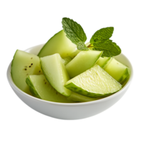 Fresh honeydew melon slices in bowl with mint isolated on transparent background png