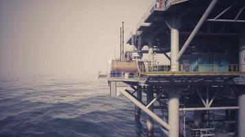 CGI Oil rig structure situated in open water with industrial activity observed video