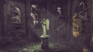 CGI Abandoned chapel with a statue of an angel surrounded by decay and nature video