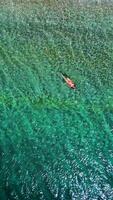 Woman in pink swimsuit floats on the back in the clear sea, top down view video