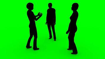 Three people are standing in front of a green screen video