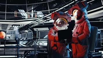 Team of astronauts shielding eyes from bright light flooding shuttle from alien vessel. Orbit station colleagues awaits first contact with extraterrestrial presence approaching, camera A video