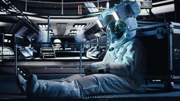 Sad astronaut sits on starship floor in silence after weeks without contact in isolated space habitat. Cosmonaut shows emotional fatigue as prolonged solitude affects his mental stability, camera A video