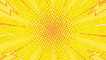 Yellow halftone comic background animation with fast lines around and lightning bolts. Loop playback on 4K footage. Suitable for comics, prints, posters, etc. video
