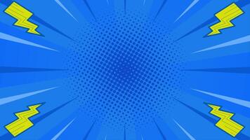 Blue halftone comic background animation with fast lines around and lightning. Loop playback on 4K footage. Suitable for comics, prints, posters, etc. video