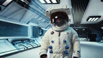 Scientist wearing helmet walking in cutting edge spaceship, doing cosmic voyage in solar system. African american astronaut wearing cosmonaut gear aboard orbital station, camera A video
