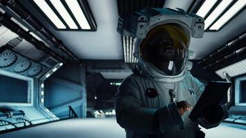 Cosmonaut verifying navigation coordinates on tablet, preparing for planetary mission outside. Astronaut conducting safety checks before beginning landing procedures on solar system planet, camera A video