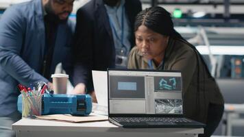 African American engineers doing teamwork on production line for solar panels production, combining technical insight and teamwork for clean energy infrastructure. Sustainability. Camera A. video