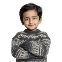 Smiling boy in winter sweater standing confidently isolated on transparent background png
