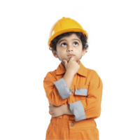 Little boy in orange builder uniform thinking isolated on transparent background png
