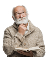 Old wise man with glasses reading book isolated on transparent background png