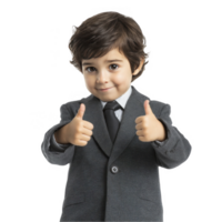 Confident little boy in blazer with thumbs up isolated on transparent background png