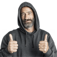 confiante homem dentro moletom com capuz com ambos polegares acima isolado em transparente fundo png