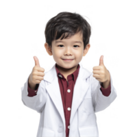 Smiling boy in doctor coat giving thumbs up isolated on transparent background png