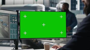 Professional expert looks at isolated screen examines high tech solar energy production, reviewing insights for clean power improvements and smart infrastructure planning. Camera A. video