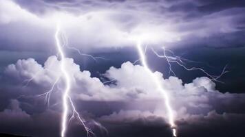 Super slow motion lightning flashes across heavy storm clouds, capturing the dramatic pulse of nature fury in stunning detail. video