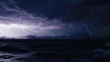 Dramatic lightning strikes above a restless ocean, illuminating stormy clouds and crashing waves in a powerful display of nature fury. video