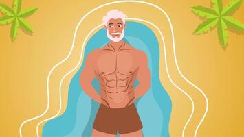 Animation of senior man posing on striped beach towel during summer day video