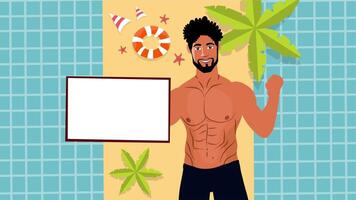 Animation of man with blank board standing near blue summer pool video
