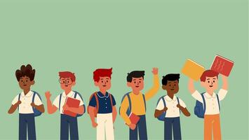 Animated boys group standing together smiling and holding backpacks and books video