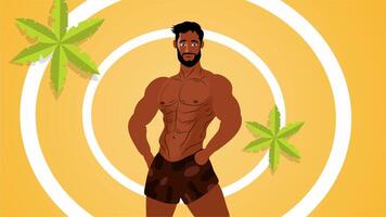 Animation of a man posing with smile in a bright tropical circular backdrop video