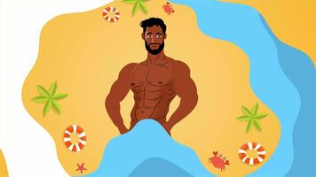 Animated man smiling and relaxing on beach with summer elements video