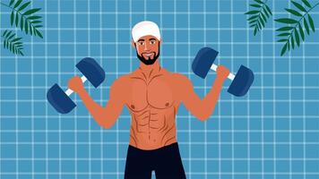 Animation of man exercising with dumbbells near a tropical pool video