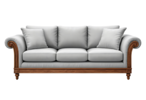 Elegant Light Grey Fabric Sofa with Wooden Frame, Sitting Calmly in a Studio Setting, Exuding Serene Comfort png