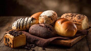 Assorted pastries on rustic wood table bakery image photo