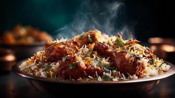 Fresh biryani rice and meat served in elegant setting biryani photo