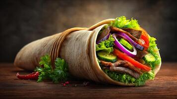 Full view shawarma sandwich with mixed fillings photography photo
