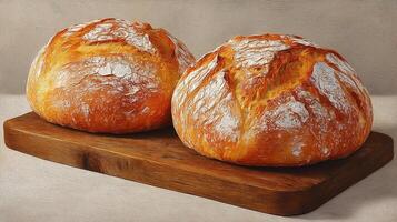 Rustic artisan loaf bread photo on wood table in morning light