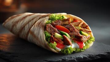 Chicken beef shawarma roll with colorful veggies photography photo