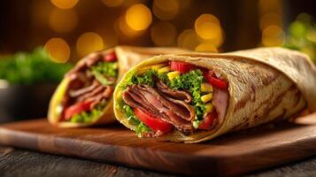Fresh pita wrapped shawarma roll filled with beef photography photo
