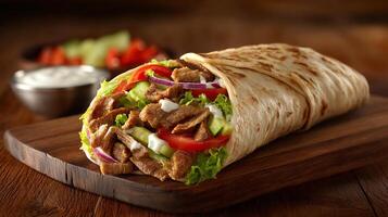 Grilled meat wrap with crispy texture shawarma photography photo