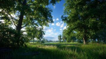 Bright summer valley field with lush green grass photo