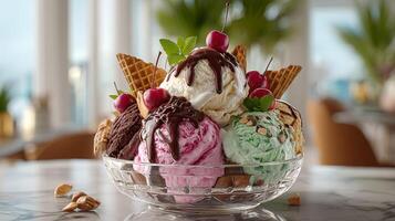 Frozen creamy dessert with colorful toppings image photo