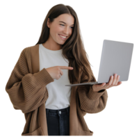 Smiling Woman Pointing at Laptop Screen Perfect for Tech or Product Mockups png