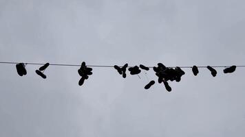 A creative and artistic display of sneakers hanging from a power line amidst a cloudy and dramatic sky photo