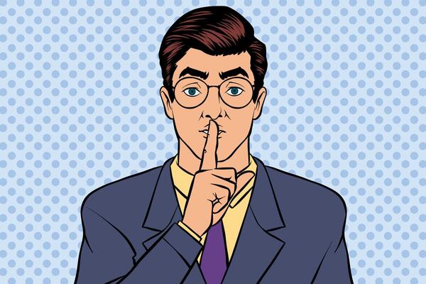 illustration of a retro man gesturing for silence with his hand