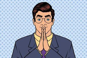 Thoughtful businessman with clasped hands vector