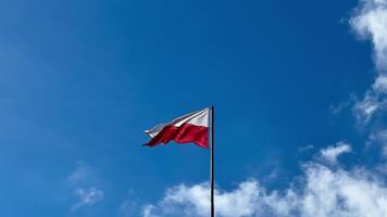 A vibrant Polish flag proudly waves against a stunningly clear blue sky that is adorned with soft, fluffy clouds photo