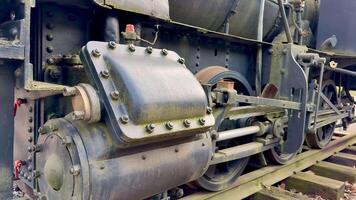 This is a closeup detailed view of a vintage steam locomotives intricate engine components and machinery systems photo