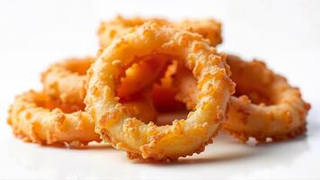 Golden crispy fried onion rings arranged in a pile, isolated on a clean white background. Image suitable for food advertising, menu design, or snack promotion. photo