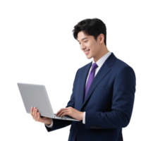 Man smiling using a laptop device isolated on transparent background, no background png