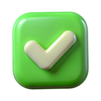 3d green check mark icon in square button isolated on transparent background png