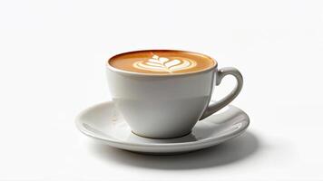 A single cup of aromatic coffee with latte art is presented isolated on a white background. The image is suitable for illustrating coffee culture, beverage menus, or cafe branding. photo
