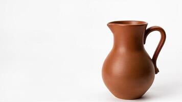 Simple clay jug isolated for product display. Useful for design, advertising, or educational context with handmade pottery focus. photo
